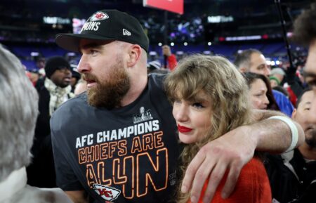 Travis Kelce and Taylor Swift on the field after the 2024 AFC Championship game