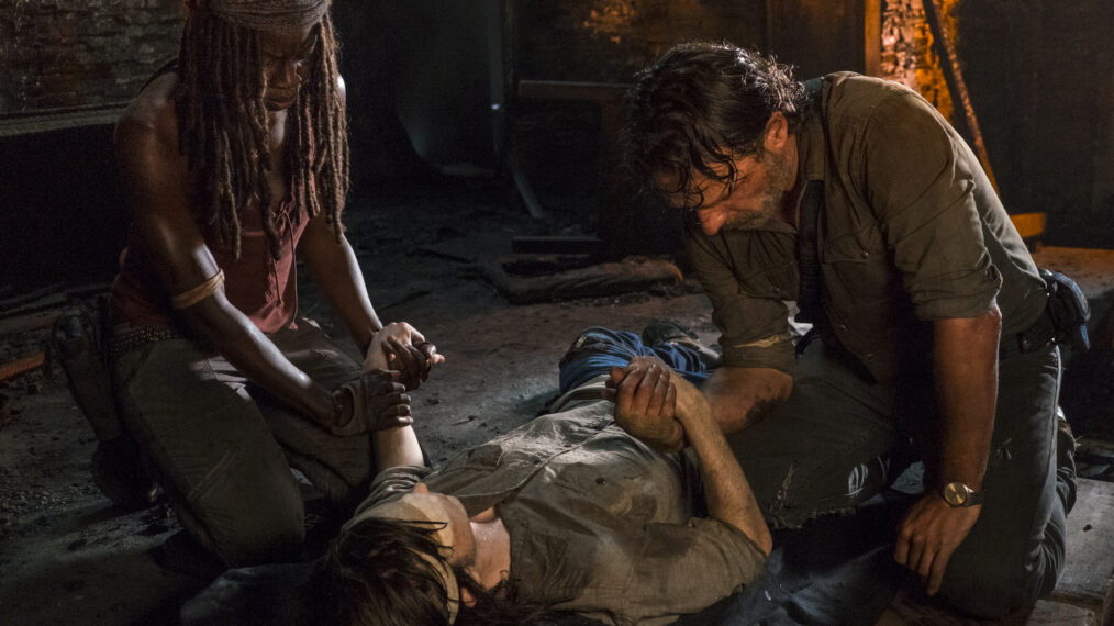 Andrew Lincoln as Rick Grimes, Danai Gurira as Michonne, Chandler Riggs as Carl Grimes