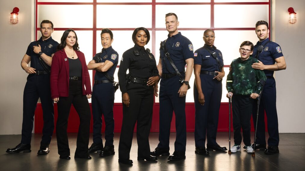 Oliver Stark as Evan 'Buck' Buckley, Jennifer Love Hewitt as Maddie Kendall, Kenneth Choi as Howie 'Chimney' Han, Angela Bassett as Athena Grant, Peter Krause as Bobby Nash, Aisha Hinds as Henrietta 'Hen' Wilson, Gavin McHugh as Christopher Diaz, and Ryan Guzman as Eddie Diaz — '9-1-1' Season 7