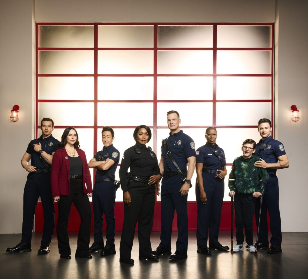 Oliver Stark as Evan 'Buck' Buckley, Jennifer Love Hewitt as Maddie Kendall, Kenneth Choi as Howie 'Chimney' Han, Angela Bassett as Athena Grant, Peter Krause as Bobby Nash, Aisha Hinds as Henrietta 'Hen' Wilson, Gavin McHugh as Christopher Diaz, and Ryan Guzman as Eddie Diaz — '9-1-1' Season 7