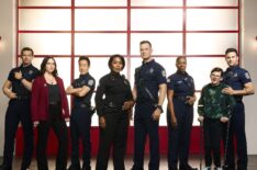 Oliver Stark as Evan 'Buck' Buckley, Jennifer Love Hewitt as Maddie Kendall, Kenneth Choi as Howie 'Chimney' Han, Angela Bassett as Athena Grant, Peter Krause as Bobby Nash, Aisha Hinds as Henrietta 'Hen' Wilson, Gavin McHugh as Christopher Diaz, and Ryan Guzman as Eddie Diaz — '9-1-1' Season 7