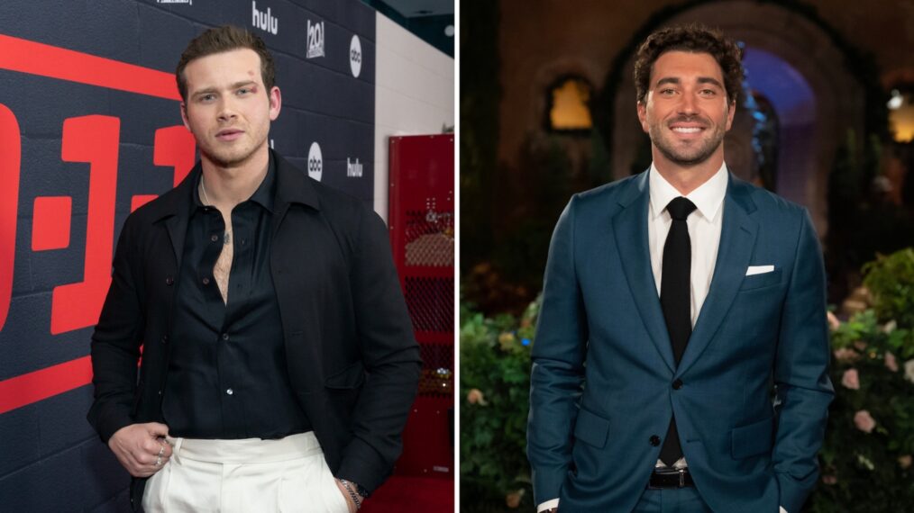 Oliver Stark at '9-1-1' Season 7 premiere party (L); Joey Graziadei in front of 'The Bachelor' mansion (R)