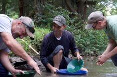 Dave Turin pans with new prospectors Jeff Burnett and Aaron Chandler on the Chestatee River in Georgia on America's Backyard Gold