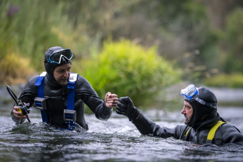 DAVE TURIN AND TONY BRANDT DIVING FOR GOLD WITH A HOOKAH SYSTEM IN OREGON