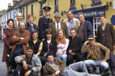 Aine Ni Mhuiri, Bosco Hogan, Deirdre Donnelly, Peter Hanly, Tony Doyle, Gary Whelan (3rd from right), Birdy Sweeney (right), (middle): Lorcan Cranitch, Kate McEnery, Tina Kellegher, Victoria Smurfit, Don Wycherley, Joe Savino; (bottom): Colin Farrell, Frankie McCafferty in 'Ballykissangel' Season 4