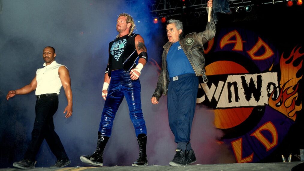 Diamond Dallas Page flanked by Kevin Eubanks and Jay Leno