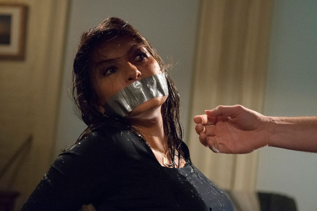 Mariska Hargitay as Detective Olivia Benson with duct tape over her mouth in Law & Order: Special Victims Unit - 'Surrender Benson'