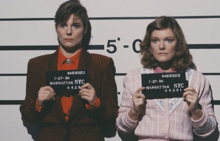 American actresses Susan Saint James (as Kate McArdle) and Jane Curtin (as Allie Lowell) pose for mugshots in a scene from the television sitcom 'Kate & Allie,' New York, New York, 1988