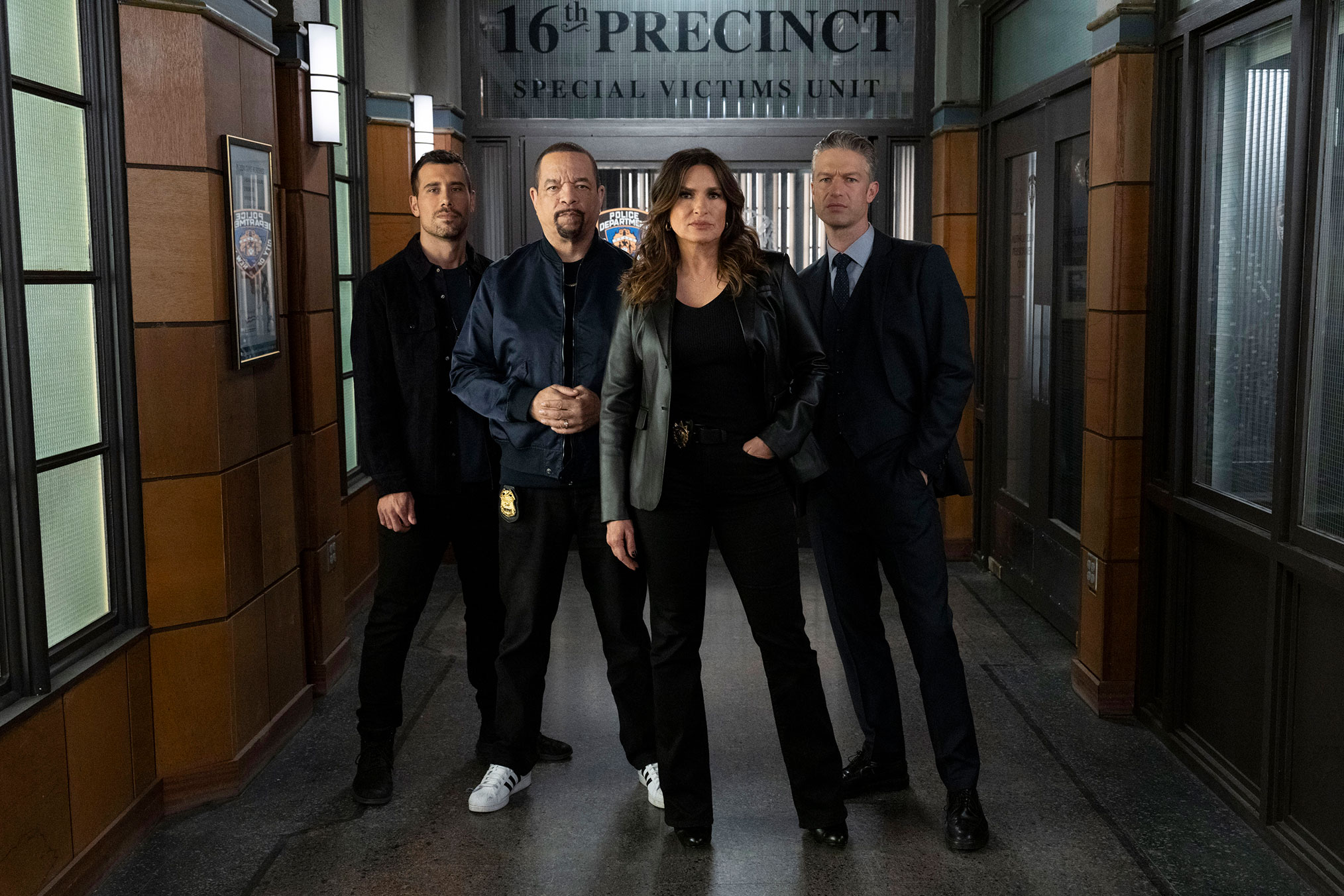 Law & Order: Special Victims Unit -- Season:25 -- Pictured: (l-r) Octavio Pisano as Det. Joe Velasco, Ice T as Sgt. Odafin "Fin" Tutuola, Mariska Hargitay as Captain Olivia Benson, Peter Scanavino as A.D.A Dominick "Sonny" Carisi Jr