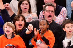 Mariska Hargitay and Peter Hermann sit courtside with children Amaya Hermann, Andrew Hermann and August Hermann at the New York Knicks vs Boston Celtics game at Madison Square Garden on February 24, 2018 in New York City.