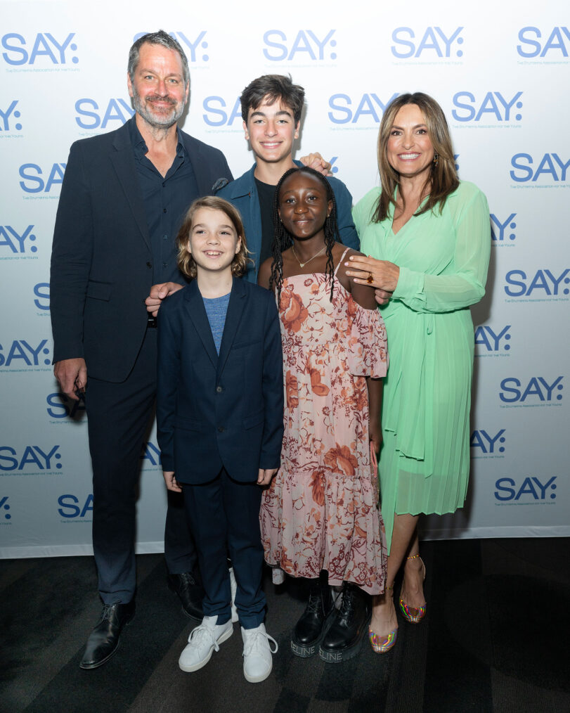 Peter Hermann and Mariska Hargitay pose with their children, August Miklos Friedrich Hermann, Andrew Nicolas Hargitay Hermann and Amaya Josephine Hermann at the 2023 Stuttering Association For The Young (SAY) Benefit Gala at The Edison Ballroom on May 22, 2023 in New York City.