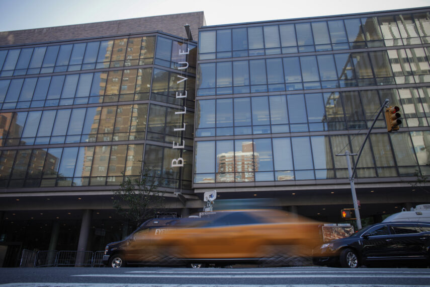 NEW YORK, NY - OCTOBER 25: A taxi passes in front of Bellevue Hospital where Dr. Craig Spencer who was diagnosed with the Ebola disease remains in quarantine, on October 25, 2014 in New York City. Spencer, a member of Doctors Without Borders who returned to New York from Guinea 10 days ago, tested positive for Ebola on October 23 and is now being cared for at the hospita