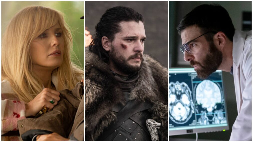 Kelly Reilly in Yellowstone, Kit Harington in Game of Thrones, and Zachary Quinto in Dr. Wolf
