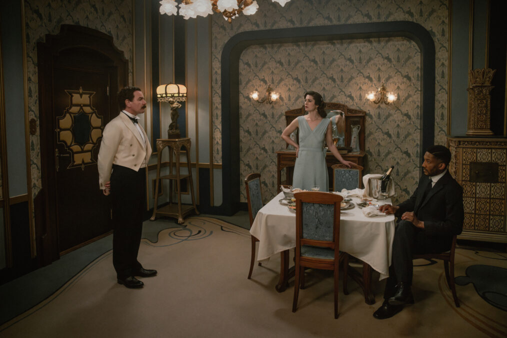 Ewan McGregor as Count Rostov, Mary Elizabeth Winstead as Anna Urbanova, and Jason Forbes as Alexei Nachevko in 'A Gentleman in Moscow' Episode 4
