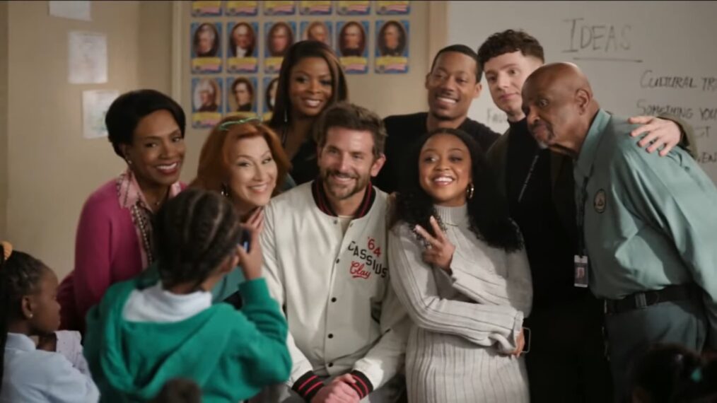 Sheryl Lee Ralph, Lisa Ann Walter, Janelle James, Bradley Cooper, Quinta Brunson, Tyler James Williams, Chris Perfetti, and William Stanford Davis in 'Abbott Elementary' Season 3