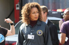 Tamara Tunie is seen on the set of the TV show 'Law and Order SVU' on location in the Meat Packing District on October 18, 2011 in New York City.