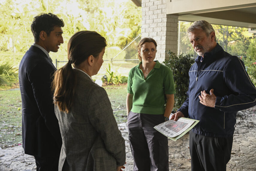 Dylan Thuraisingham as Detective Ethan, Jeanine Serralles as Detective Elena, Essie Randles as Brooke, Sam Neill as Stan in 'Apples Never Fall' Season 1 Episode 4