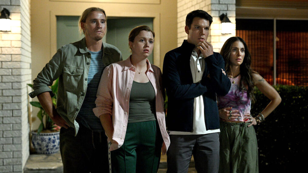 Conor Merrigan-Turner as Logan, Essie Randles as Brooke, Jake Lacy as Troy, Alison Brie as Amy in 'Apples Never Fall' finale