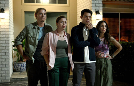 Conor Merrigan-Turner as Logan, Essie Randles as Brooke, Jake Lacy as Troy, Alison Brie as Amy in 'Apples Never Fall' finale