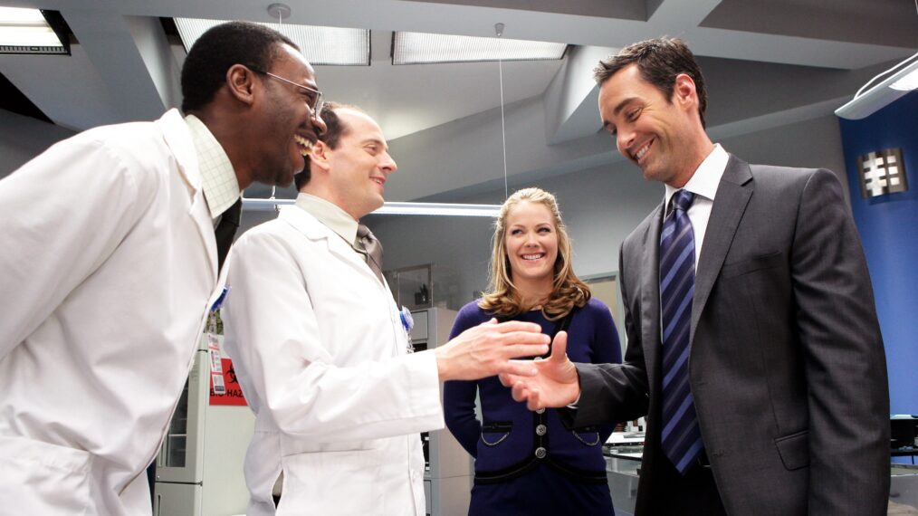 Malcolm Barrett as Lem, Jonathan Slavin as Phil, Andrea Anders as Linda, and Jay Harrington as Ted in 'Better Off Ted'