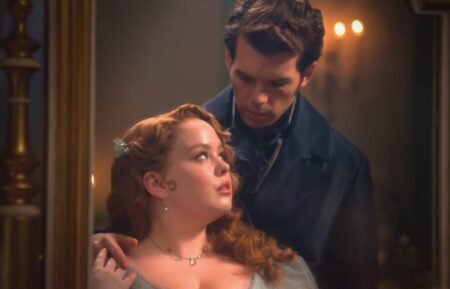 Nicola Coughlan and Luke Newton as Penelope and Colin in Netflix's 'Bridgerton' Season 3 mirror promo