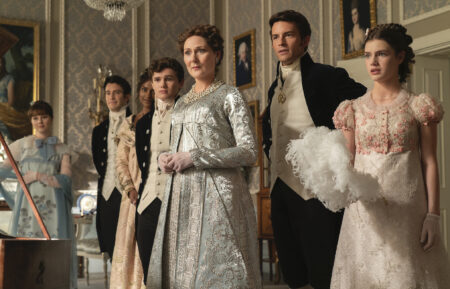 Claudia Jessie as Eloise, Luke Thompson as Benedict, Simone Ashley as Kate, Will Tilston as Gregory, Ruth Gemmell as Violet, Jonathan Bailey as Anthony, and Florence Hunt as Hyacinth in ‘Bridgerton’ Season 3