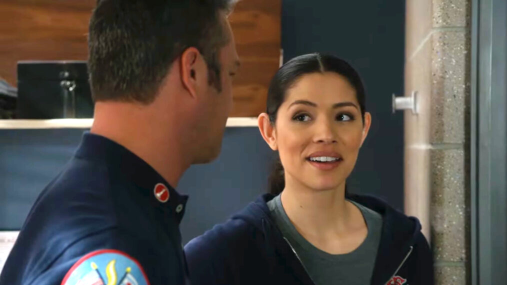 Taylor Kinney as Kelly Severide and Miranda Rae Mayo as Stella Kidd on 'Chicago Fire'