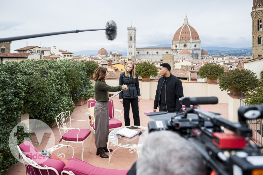 Sylvia De Fanti as Donna Marino, Eva-Jane Willis as Europol Agent Megan 'Smitty' Garretson, and Carter Redwood as Special Agent Andre Raines — Behind the Scenes of 'FBI: International' Season 6 Episode 7