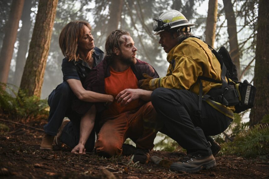 Diane Farr as Sharon Leone, Max Thieriot as Bode Donovan, and Billy Burke as Chief Vince Leone — 'Fire Country' Season 1