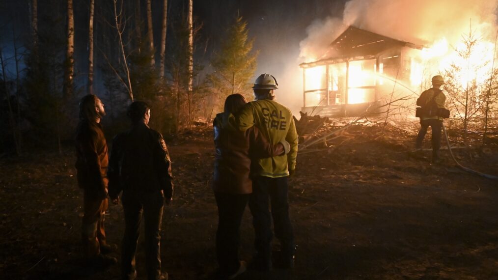 Max Thieriot as Bode Leone, Morena Baccarin as Sheriff Mickey Fox, Diane Farr as Sharon Leone, and Billy Burke as Vince Leone — 'Fire Country' Season 2 Episode 6