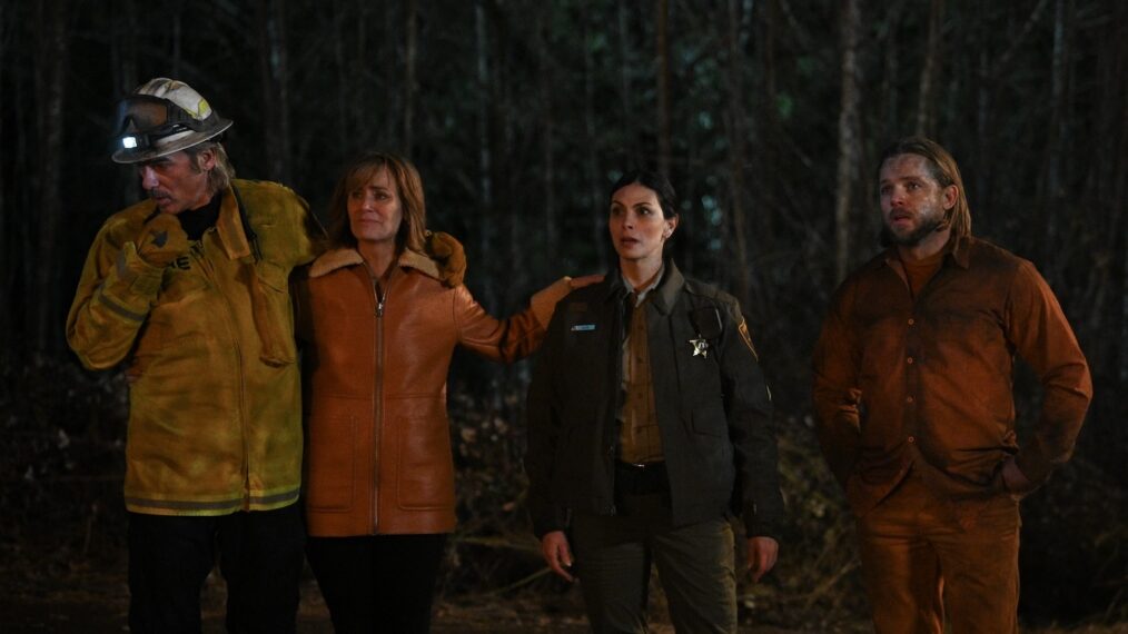 Billy Burke as Vince Leone, Diane Farr as Sharon Leone, Morena Baccarin as Sheriff Mickey Fox, and Max Thieriot as Bode Leone in 'Fire Country' Season 2 Episode 6