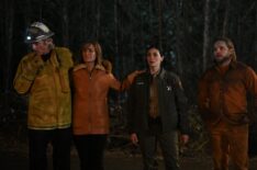 Billy Burke as Vince Leone, Diane Farr as Sharon Leone, Morena Baccarin as Sheriff Mickey Fox, and Max Thieriot as Bode Leone in 'Fire Country' Season 2 Episode 6