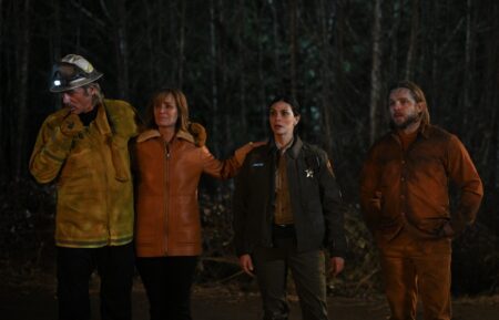 Billy Burke as Vince Leone, Diane Farr as Sharon Leone, Morena Baccarin as Sheriff Mickey Fox, and Max Thieriot as Bode Leone in 'Fire Country' Season 2 Episode 6