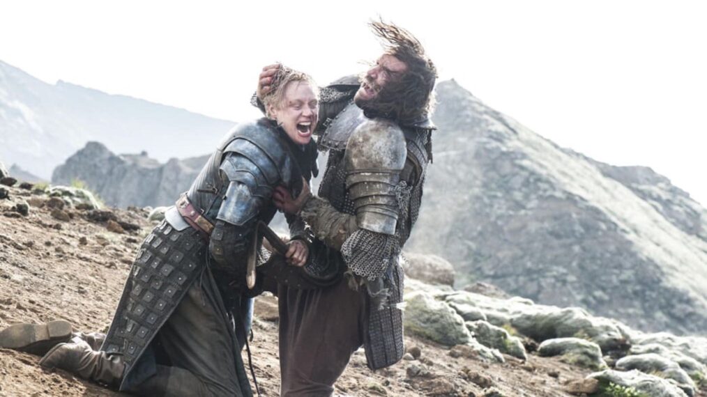 Gwendoline Christie as Brienne of Tarth and Rory McCann as The Hound/Sandor Clegane in 'Game of Thrones' Season 4 Episode 10