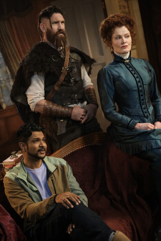 Utkarsh Ambudkar, Devan Chandler Long, and Rebecca Wisocky in 'Ghosts' Season 3