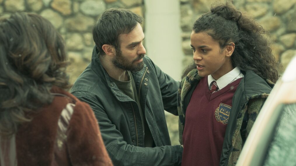 Maria Doyle Kennedy (back to camera), Charlie Cox, Hannah Adeogun in 'Kin' Season 1 Episode 7