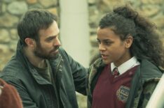 Maria Doyle Kennedy (back to camera), Charlie Cox, Hannah Adeogun in 'Kin' Season 1 Episode 7