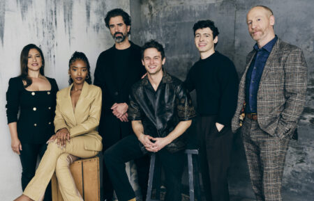 'Manhunt' series cast in TV Insider studio at TCA Winter 2024 Press Tour - Monica Beletsky, Lovie Simone, Hamish Linklater, Will Harrison, Anthony Boyle, and Matt Walsh