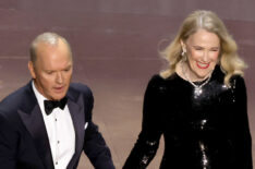 Michael Keaton and Catherine O'Hara speak onstage during the 96th Annual Academy Awards