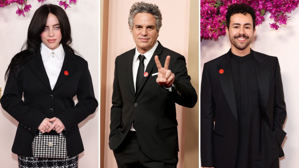 Billie Eilish, Mark Ruffalo, and Ramy Youssef wear red pins in support of a Ceasefire