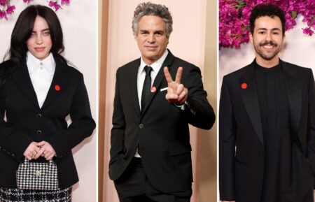 Billie Eilish, Mark Ruffalo, and Ramy Youssef wear red pins in support of a Ceasefire