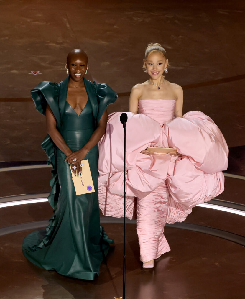 Cynthia Erivo and Ariana Grande speak onstage during the 96th Annual Academy Awards at Dolby Theatre on March 10, 2024 in Hollywood, California.