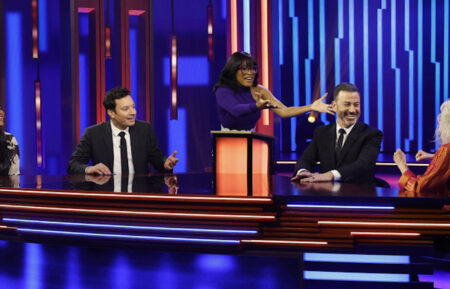 A contestant, Jimmy Fallon, Keke Palmer, Jimmy Kimmel, and a contestant on 'Password' Season 2