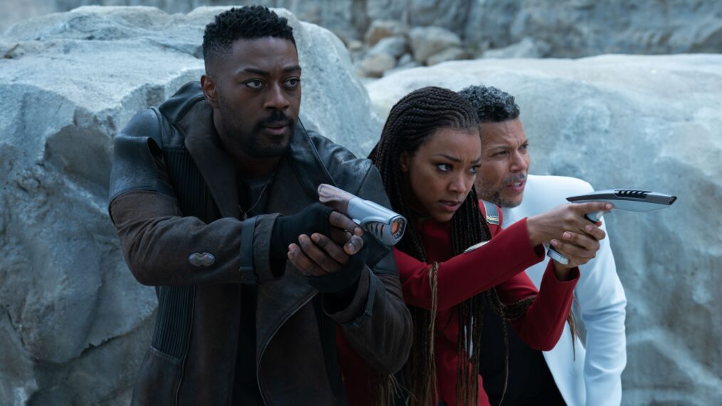 David Ajala as Book, Sonequa Martin-Green as Burnham, and Wilson Cruz as Culber in Star Trek: Discovery, season 5