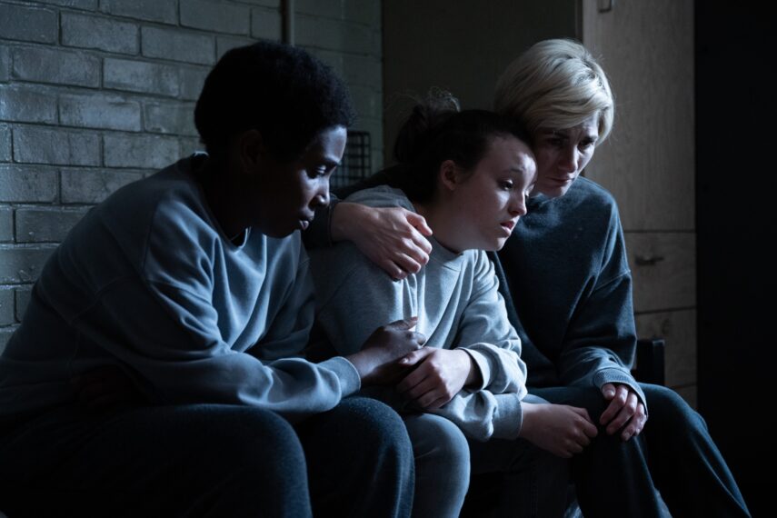 Tamara Lawrance as Abi, Bella Ramsey as Kelsey, Jodie Whittaker as Orla in Time