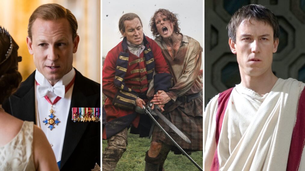 Tobias Menzies in 'The Crown' (L), 'Outlander' (C), and 'Rome' (R)