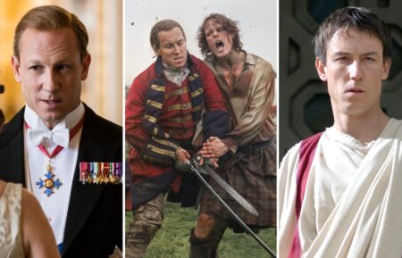 Tobias Menzies in 'The Crown' (L), 'Outlander' (C), and 'Rome' (R)
