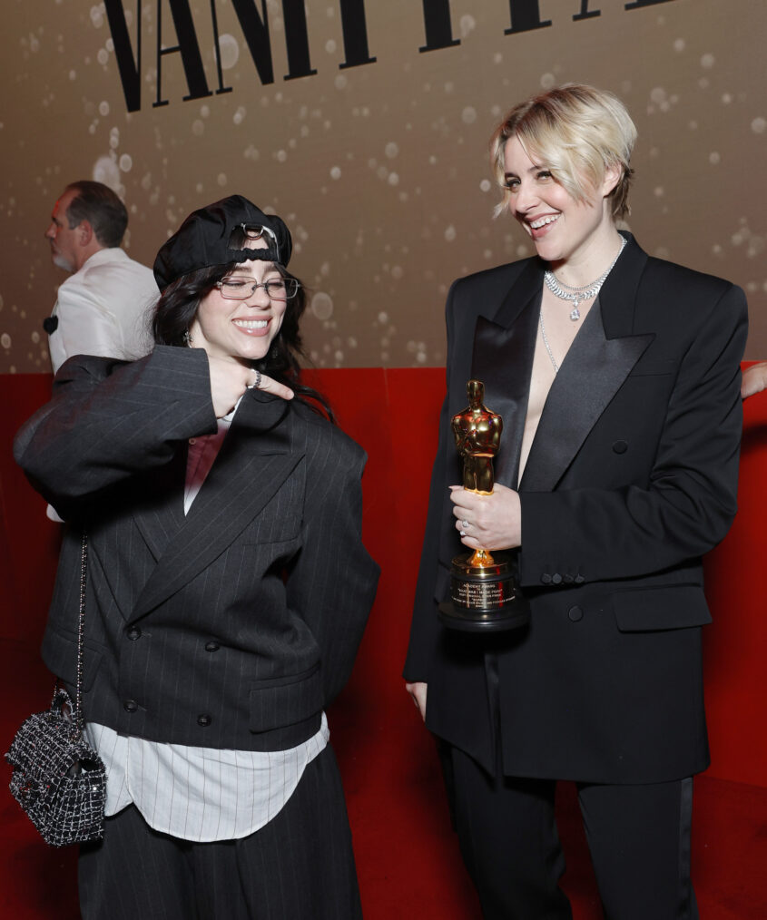 Billie Eilish and Greta Gerwig attend the 2024 Vanity Fair Oscar Party Hosted By Radhika Jones at Wallis Annenberg Center for the Performing Arts on March 10, 2024 in Beverly Hills, California.