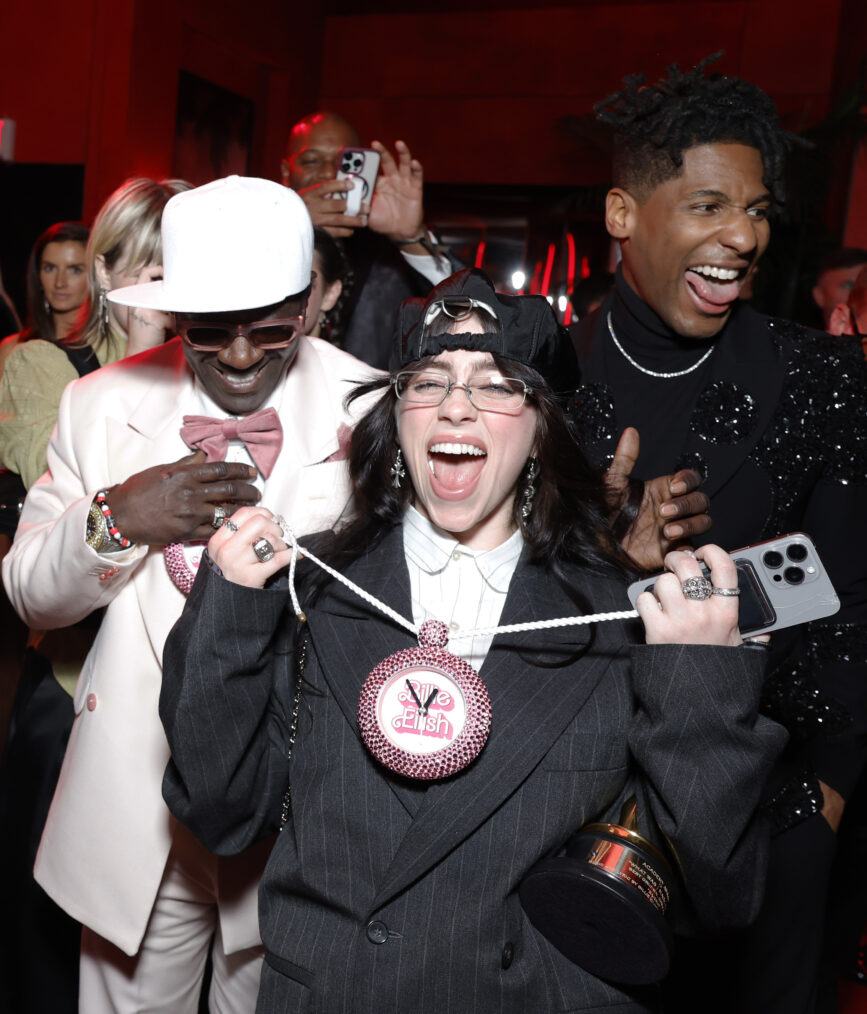 Flavor Flav, Billie Eilish, and Jon Batiste attend the 2024 Vanity Fair Oscar Party Hosted By Radhika Jones at Wallis Annenberg Center for the Performing Arts on March 10, 2024 in Beverly Hills, California.