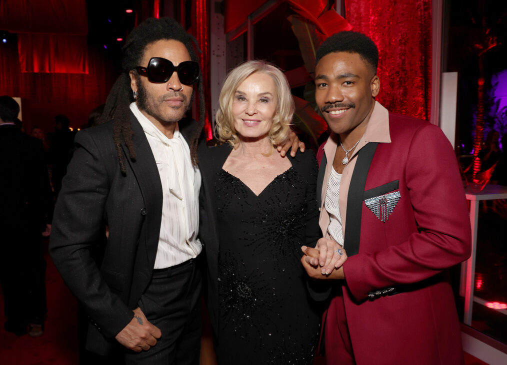 Lenny Kravitz, Jessica Lange, and Donald Glover attend the 2024 Vanity Fair Oscar Party Hosted By Radhika Jones at Wallis Annenberg Center for the Performing Arts on March 10, 2024 in Beverly Hills, California.